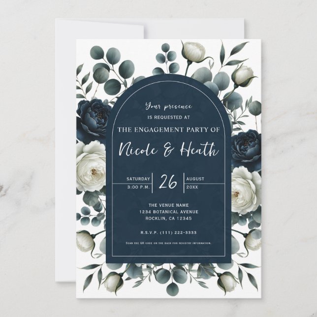 Convite Azul Escuro e Branco Moderno Floral de Noivado (Frente)