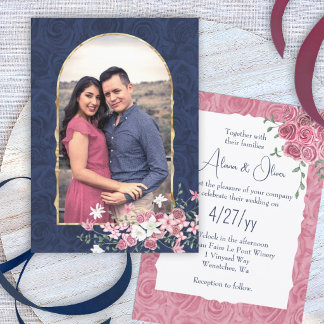 Convite Azul Escuro e Rosa Mauve, Arco de Ouro Casamento