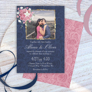 Convite Azul Escuro e Rosa Mauve, Casamento de Moldura Dou