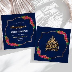 Convite Azul Escuro Floral Bebê Menina Aqiqah