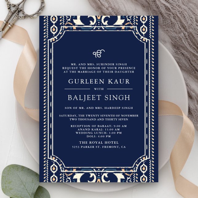 Convite Azul Escuro Ikat Anand Karaj Casamento Sikh (Criador carregado)