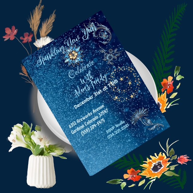 Convite Azul Espumante Ano Novo Estrelas de Brilho Festa F (Blue Sparkling New Year Glitter Stars Floral Party Invitation)