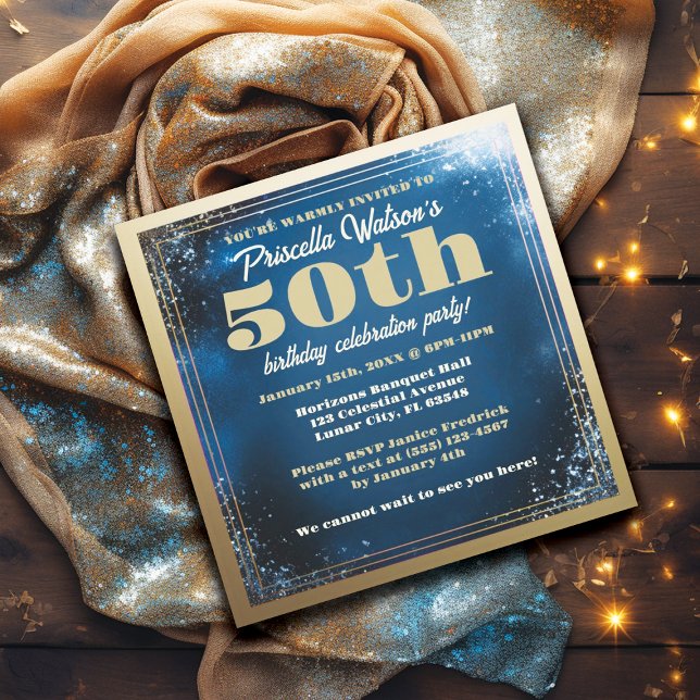 Convite Azul espumante e Festa de aniversário Dourada (BLUE and GOLD GLAMOR GLITTER BIRTHDAY PARTY INVITATION)