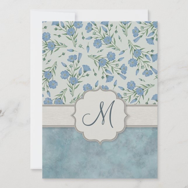Convite Azul Esqueça-Me-Não Floral e Marble com Monograma (Frente)