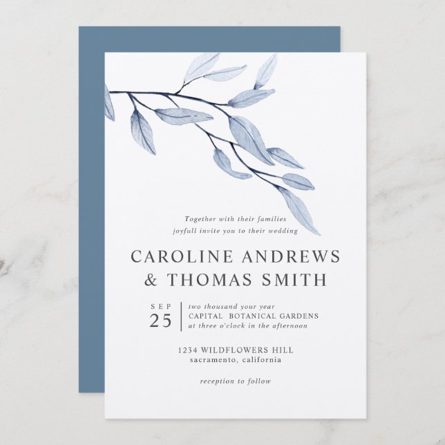 Convite Azul etéreo | Casamento Chic Botanic Leaves (Frente/Verso)