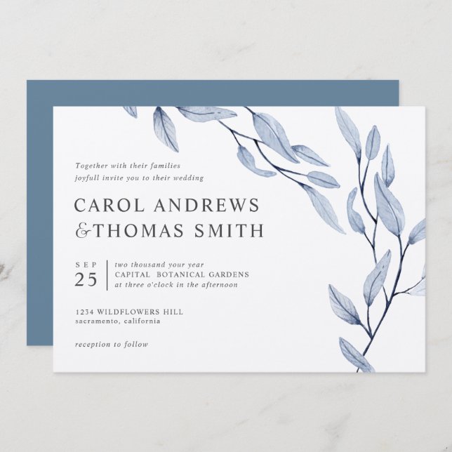Convite Azul etéreo | Casamento Chic Botanic Leaves (Frente/Verso)