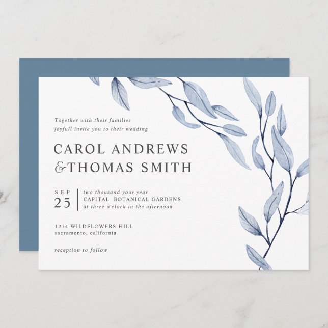 Convite Azul etéreo | Casamento Chic Botanic Leaves (Frente/Verso)
