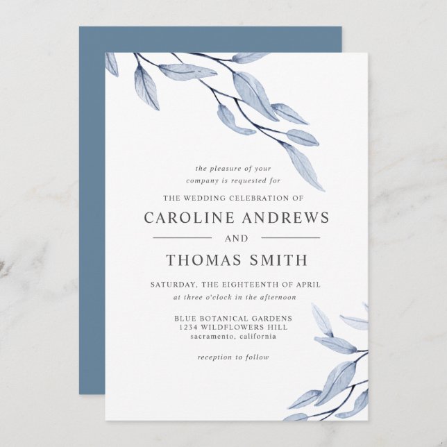 Convite Azul etéreo | Casamento de Folhas Botânicas Elegan (Frente/Verso)