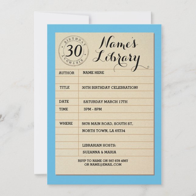 Convite Azul Festa de aniversário do Livro de Cart (Frente)