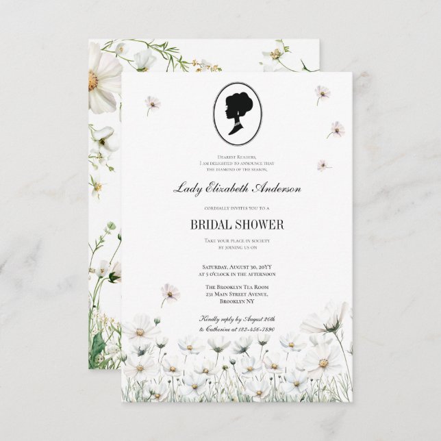 Convite Azul Flor Bridgerton Theme Regência de Chá (Frente/Verso)