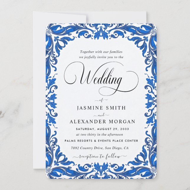 Convite Azul Florais Flores Casamento Simples (Frente)