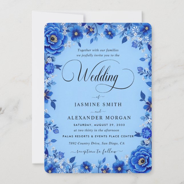 Convite Azul Florais Flores Casamento Simples (Frente)