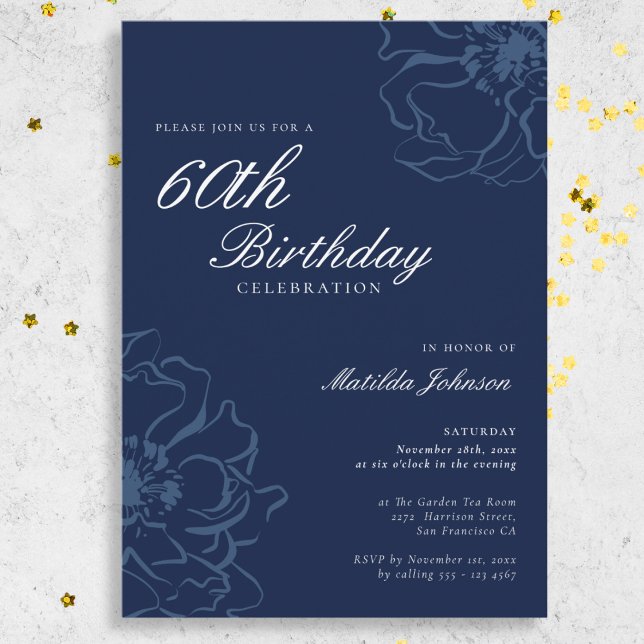Convite Azul Floral 60ª Festa de aniversário (Blue Floral 60th Birthday Party Invitation)