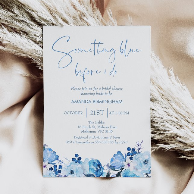 Convite Azul Floral Algo Azul Chá de panela (Something Blue Bridal Shower Invitation, Blue Floral Something Blue Before I Do Bridal Shower Invite)