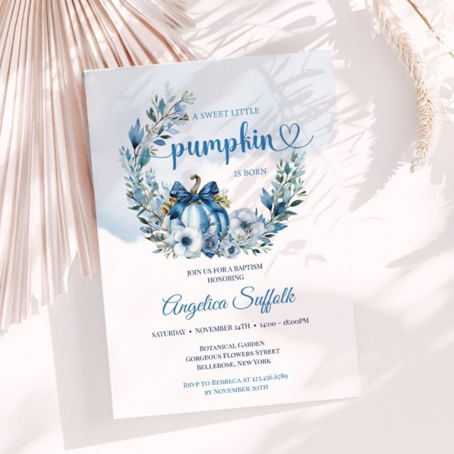 Convite Azul Floral Aquarela Pumpkin Baptism (Criador carregado)