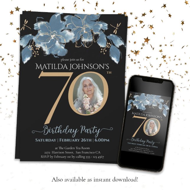 Convite Azul Floral Azul Dourado Foto Personalizada 70 de  (70th Birthday Floral Blue Black Gold Custom Photo Invitation)