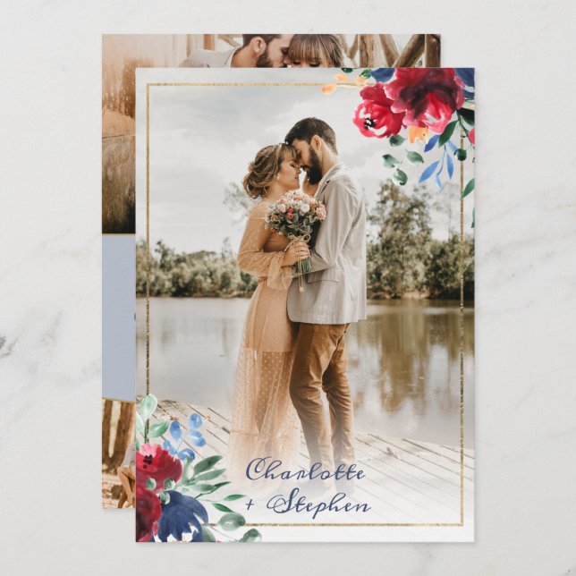 Convite Azul floral azul Elegante 5 fotos casamento (Frente/Verso)