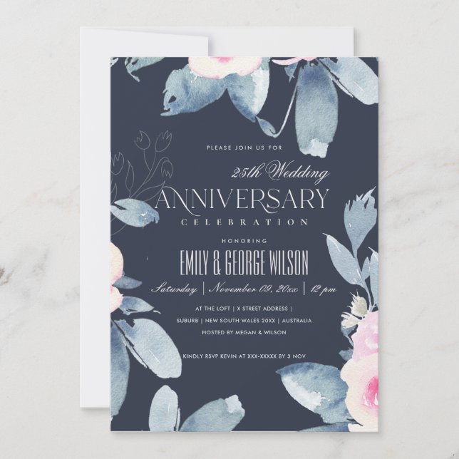 CONVITE AZUL FLORAL BEGE MARINHO ANIVERSÁRIO DE 25 ANOS (Frente)
