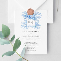 Azul Floral Chinoiserie Clássico Monograma Elegant