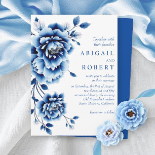 Convite Azul floral Chinoiserie flores de peônia casamento