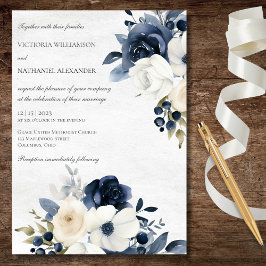 Convite Azul Floral de Inverno em Casamento Branco Mármore