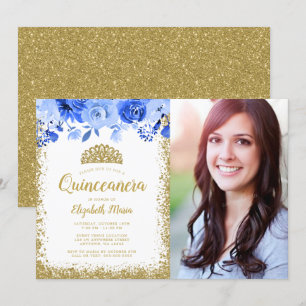 Convite Azul Floral Dourada Glitter Tiara Quinceane Foto