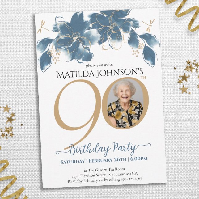 Convite Azul Floral Dourado Foto Personalizada 90 de Anive (Floral Blue Gold Custom Photo 90th Birthday Invitation)