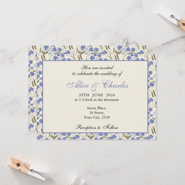 Convite Azul Floral e Creme de Erva Doce (Frente/Verso In Situ)