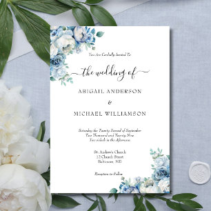 Convite Azul Floral Elegante Formal Rascunho Casamento