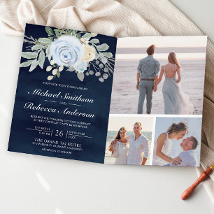Convite Azul Floral empoeirado Código QR Casamento Naval