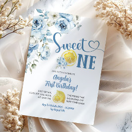 Convite Azul Floral Limão Doce Um Primeiro Aniversário