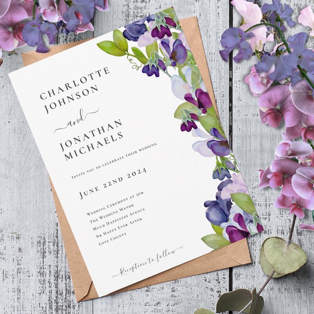 Convite Azul Floral Moderno Elegante (Modern sweetpea blue burgundy pink wedding invitation boho chic watercolor floral)