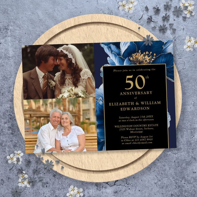 Convite Azul Floral Preto Dourado 50º Aniversário 2 Fotos (Blue Floral Black Gold 50th Anniversary 2 Photo Invitation)