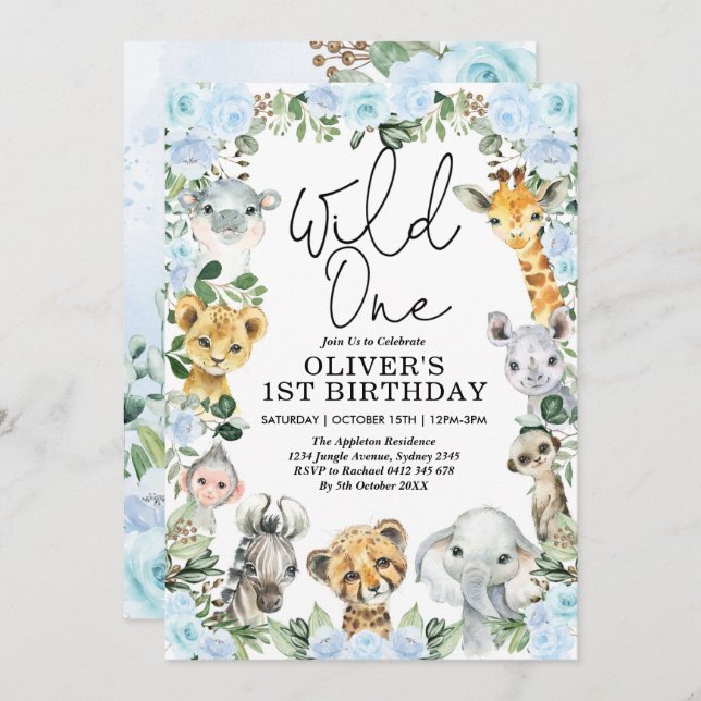 Convite Azul Floral Selvagem Um primeiro aniversario Safar (Frente/Verso)