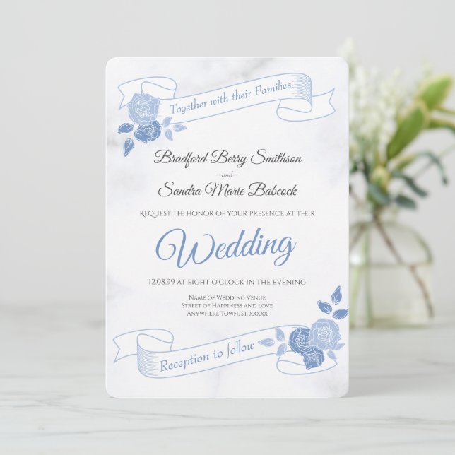 Convite Azul Floral Simples Casamento Branco Marmortal Em (Em pé/Frente)