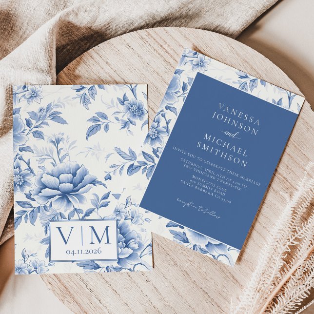 Convite Azul Floral Toile De Jouy Branco (Criador carregado)
