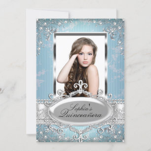 Convite Azul Floral Vintage Glamour Quinceanera Prata