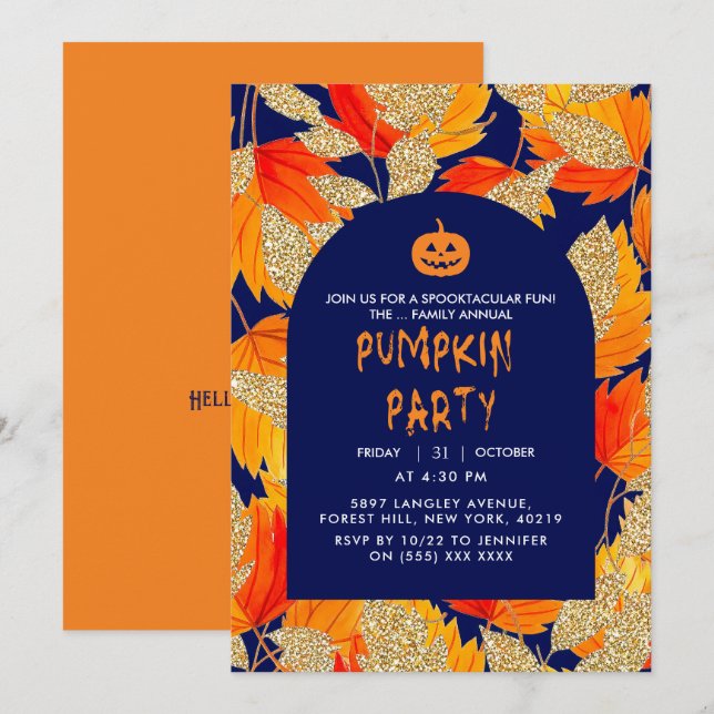 Convite Azul | Folhas de Brilho Falso Modernas de Hallowee (Frente/Verso)