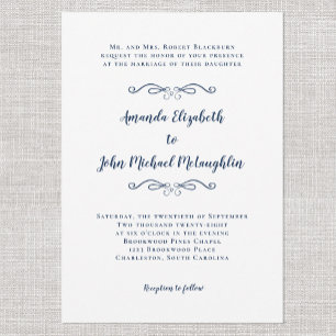 Convite Azul Formal Simples de Casamento Clássico de Scri