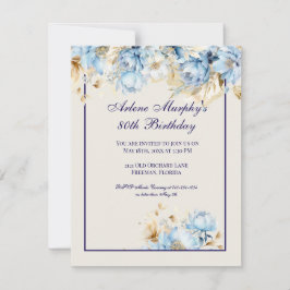 Convite Azul gelado e Marinho Floral Aniversário