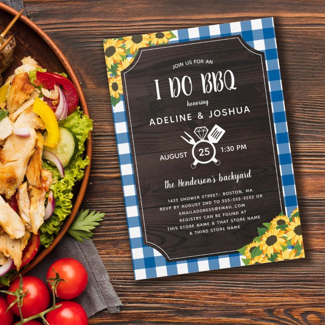 Convite Azul Gingham Girassóis I Do CHURRASCO Chá (Criador carregado)