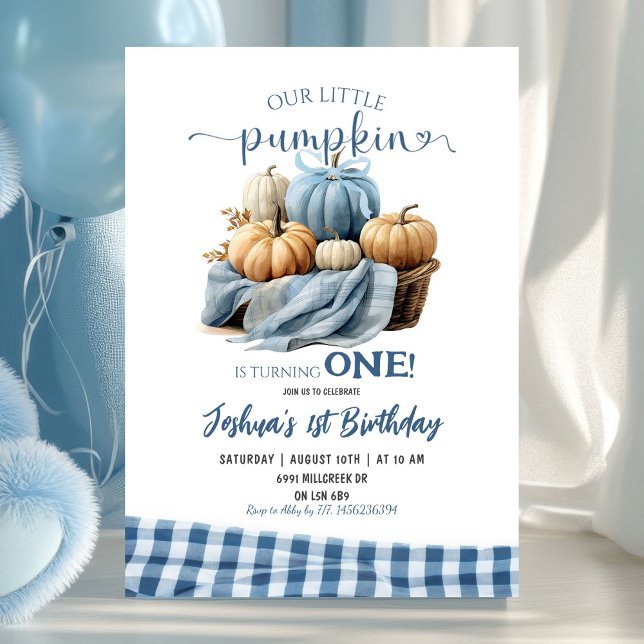 Convite Azul Gingham Pequeno Pumpkin Aniversário (Criador carregado)