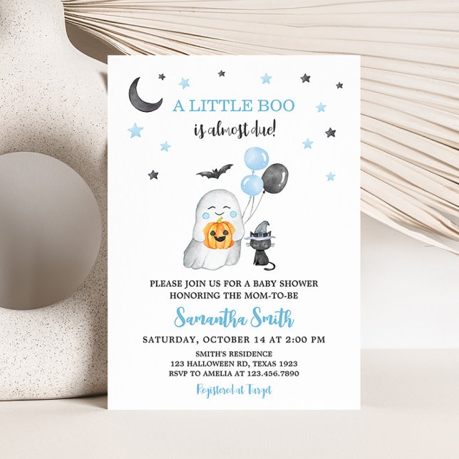 Convite Azul Halloween Um Pequeno Chá de fraldas Boo (Boy Ghost Baby Shower Invitation)