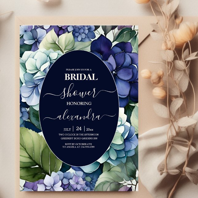 Convite Azul Hydrangea Watercolor Bridal Floral (Criador carregado)