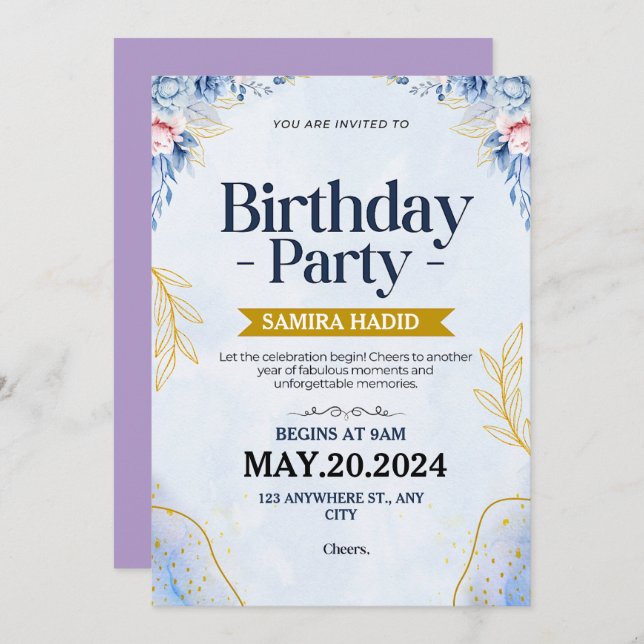 Convite Azul Ilustrativo Floral Aniversário (Frente/Verso)