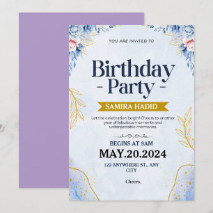 Convite Azul Ilustrativo Floral Aniversário