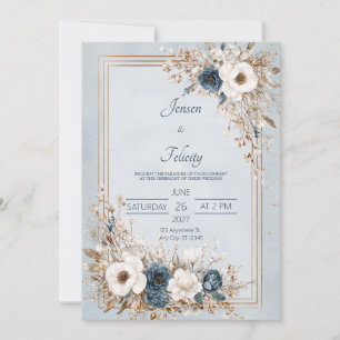 Convite Azul Índigo Branco Dourado Floral Inverno Elegante