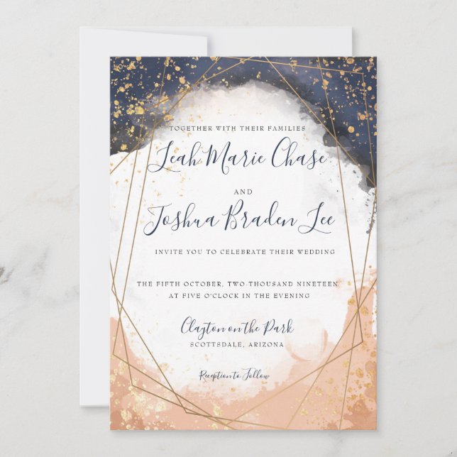 Convite Azul-índio moderno e Rosa Faux Dourado (Frente)