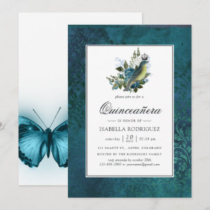 Convite Azul Iridescente Vintage Quinceañera Selvagem da F