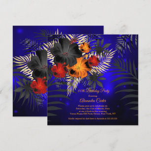 Convite Azul Laranja Vermelho Preto Hibisco Floral Anivers